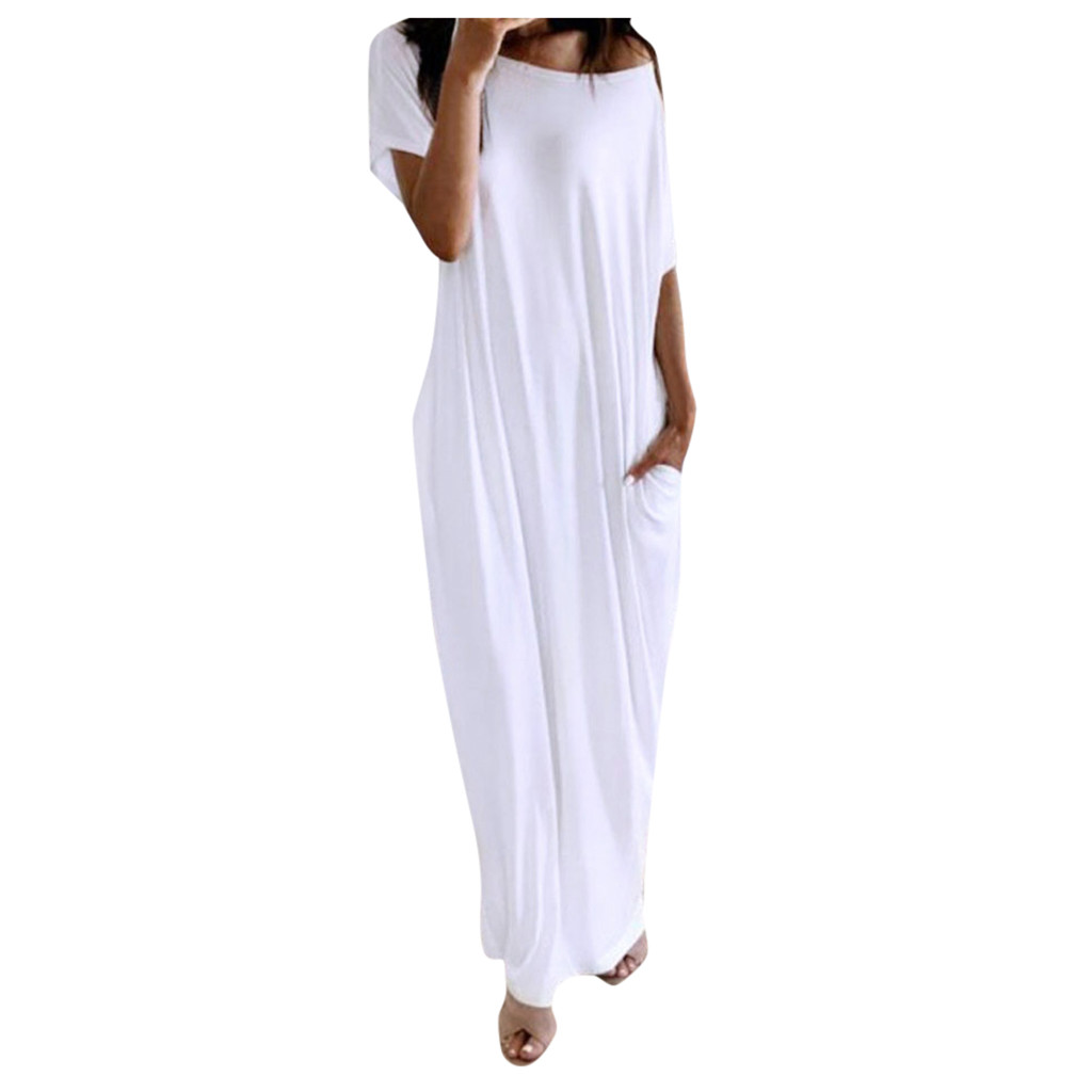 thumbnail image 4 of Vestido largo holgado de manga corta para mujer: hombros inclinados, bolsillos, poliéster, informal, tallas S-XL, 4-10 EE. UU., 4 of 8